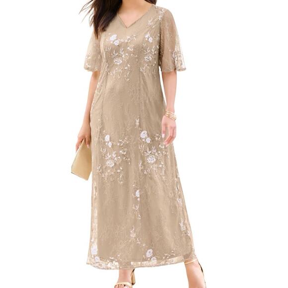 ROAMAN’S Embellished Lace Gown Plus Size 28W Sparkling Champagne Mother Of Bride - Picture 1 of 7